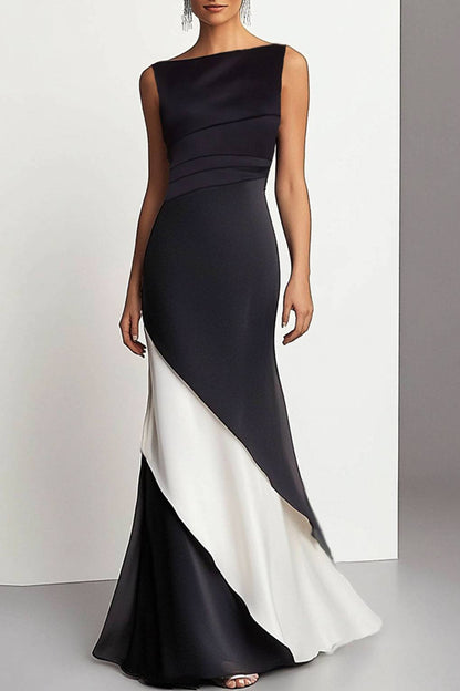 Formal Evening Gown Elegant Black White Diagonal Ruffles Dress