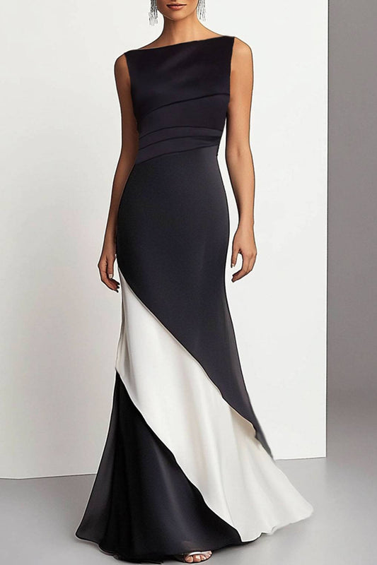 Formal Evening Gown Elegant Black White Diagonal Ruffles Dress