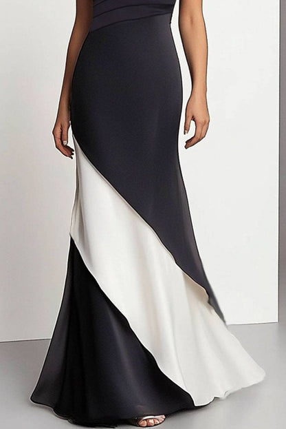 Formal Evening Gown Elegant Black White Diagonal Ruffles Dress