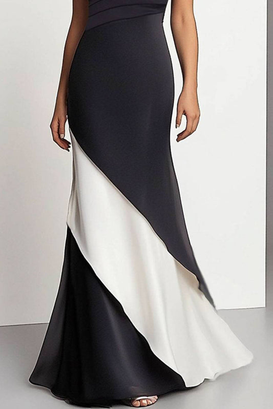 Formal Evening Gown Elegant Black White Diagonal Ruffles Dress