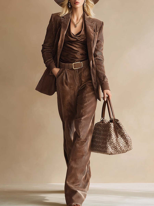 Elegant Classic Brown Corduroy Suit And Trousers Set