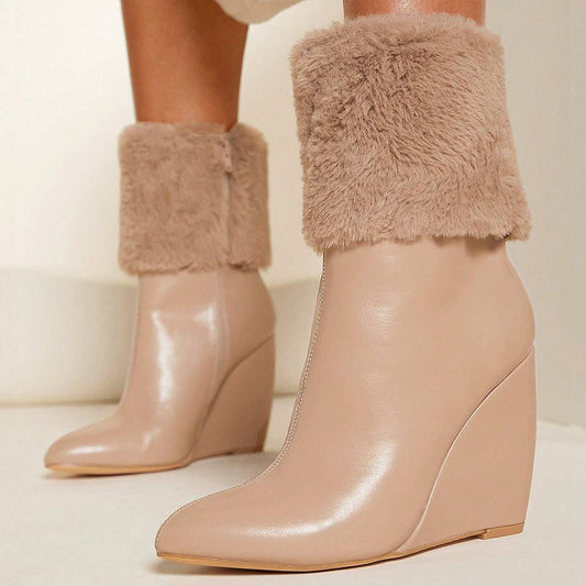 Beige Pointed Toe 4’‘ Wedge Heel Fur Covering Ankle Boots