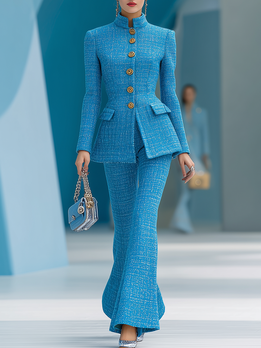 Elegant Stand-collar Tweed Jacket And Flared Pants Set