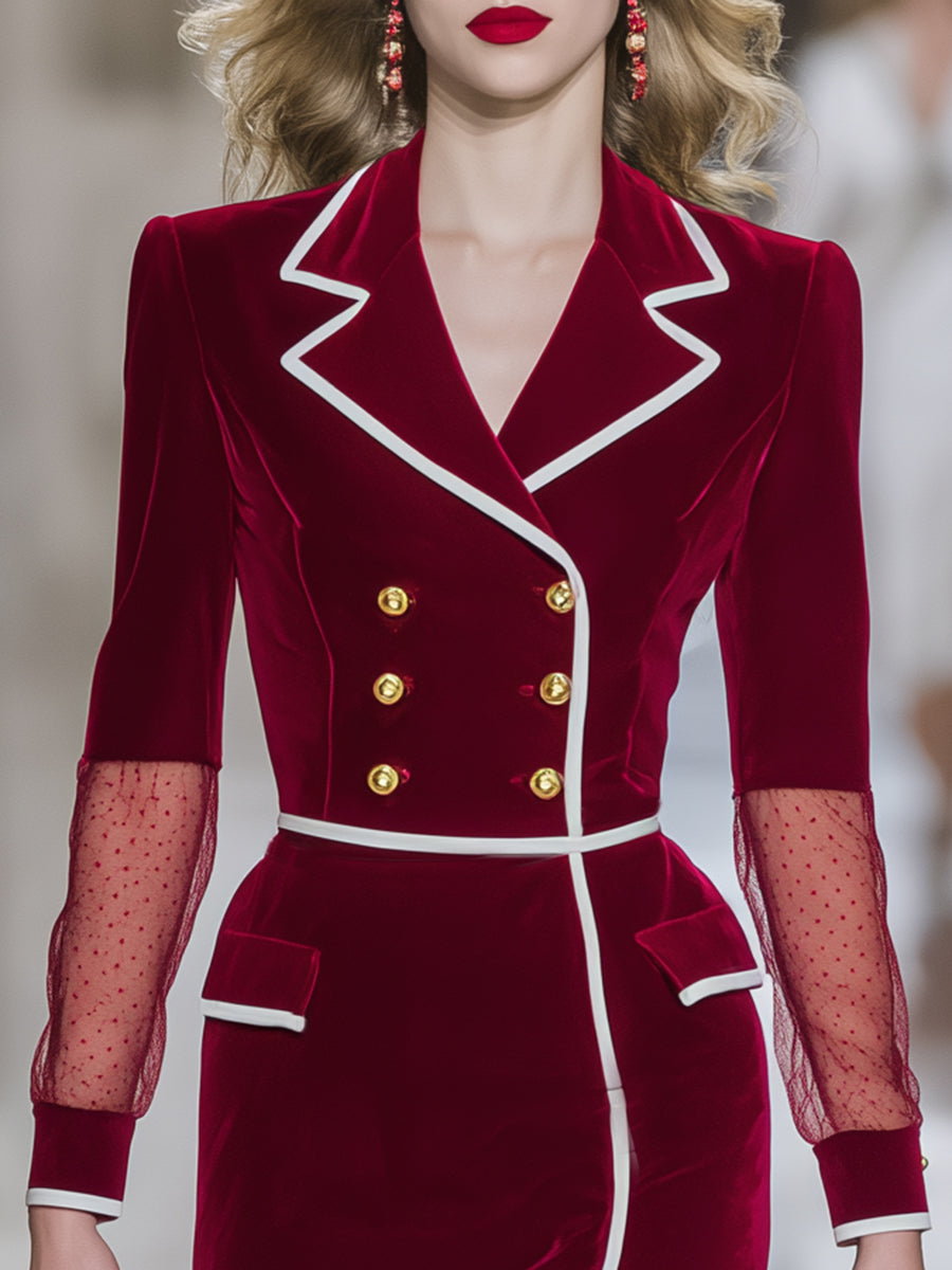 Elegant White Trim Red Velvet Double-breasted Slit Midi Dress