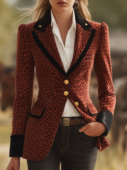 Western Retro Leopard Print Maroon Velvet Blazer
