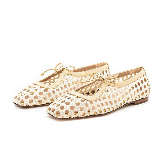 Elegant Beige Raffia Square Toe Slip-On Ballet Flats with Strappy