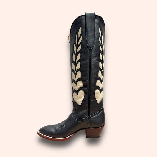 Beige & Black Inlay Round Toe Chunky Heel Wide Calf Cowgirl Boots