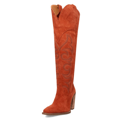 Faux Suede Pointed Toe Chunky Heel Orange Western Boots for Women