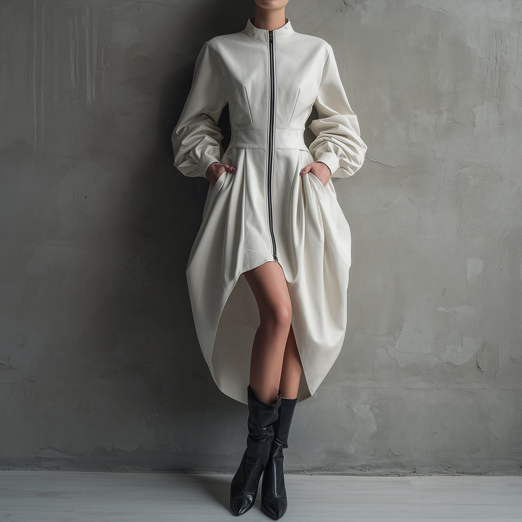Ursime PU Lantern Sleeve Pockets Zipper High-Low Hem Midi Dress