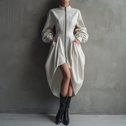 Ursime PU Lantern Sleeve Pockets Zipper High-Low Hem Midi Dress