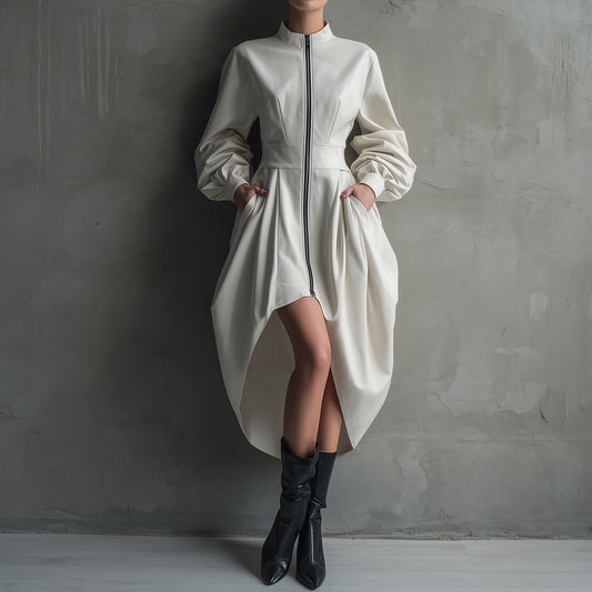 Ursime PU Lantern Sleeve Pockets Zipper High-Low Hem Midi Dress