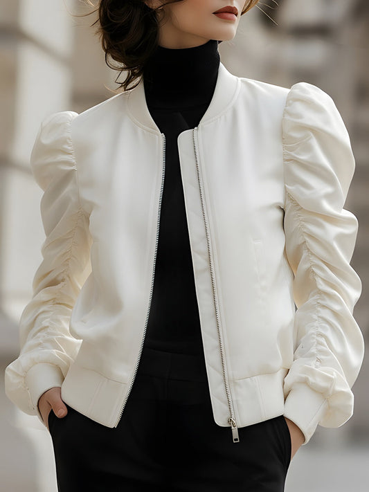 Elegant Puff-Sleeve Satin Bomber Jacket