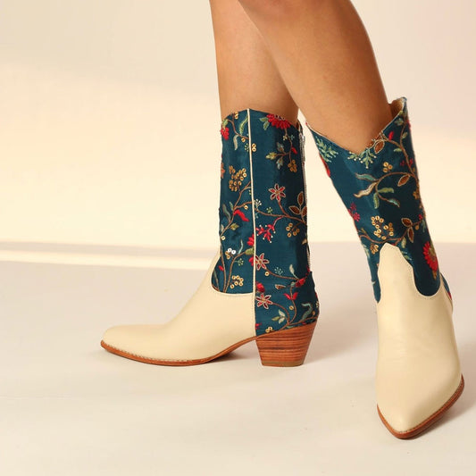 Beige and Teal Embroidered Pointed Toe Back Zipper Flower Cowboy Boots