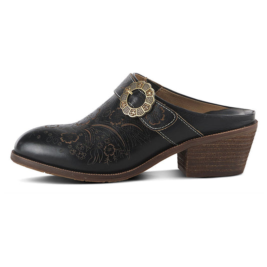 Floral Print Round Toe Block Heel Black Womens Western Mules