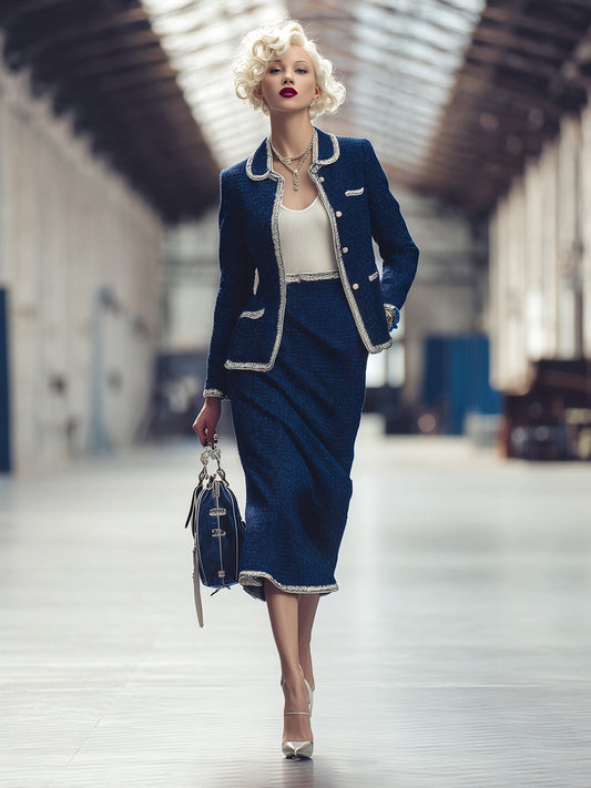 Elegant And Exquisite Blue Lapel Tweed Jacket And Skirt Set