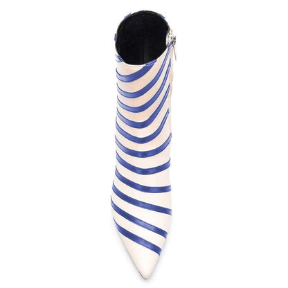 Beige and Blue Pointed Toe Kitten Heel Striped Ankle Boots with Zip