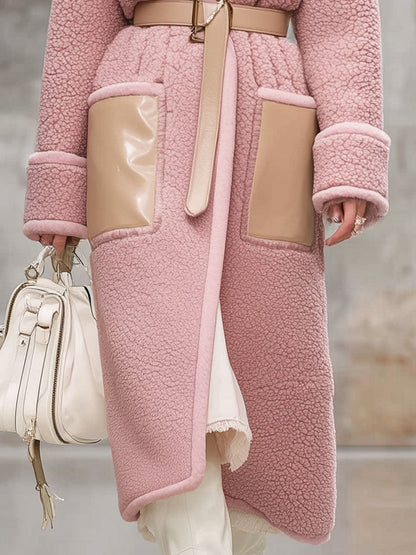 Fashion Retro Pink Lapel Polar Fleece Stitching Faux Leather Mid-Length Coat