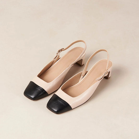 Beige & Black Square Toe Chunky Heel Vintage Slingback Pumps