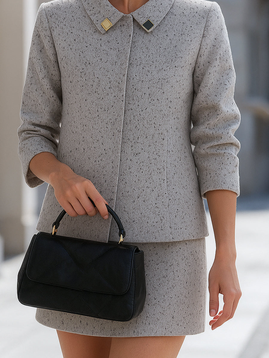Elegant Textured Wool-Blend Two-Piece Skirt Suit