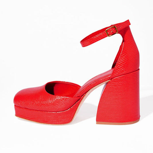 FSJ Red Square Toe Block Heel Platform Pumps for Women