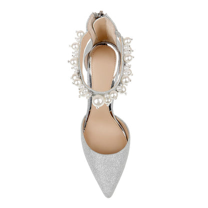 Glitter Pointed Toe Pearl Decor Ankle Strap Stiletto Heel Silver Pumps