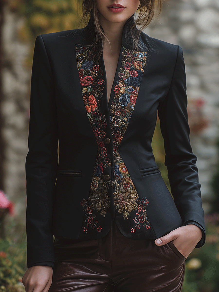 Elegant Lapel Black Floral Embroidered Blazer