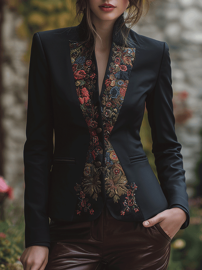 Elegant Lapel Black Floral Embroidered Blazer