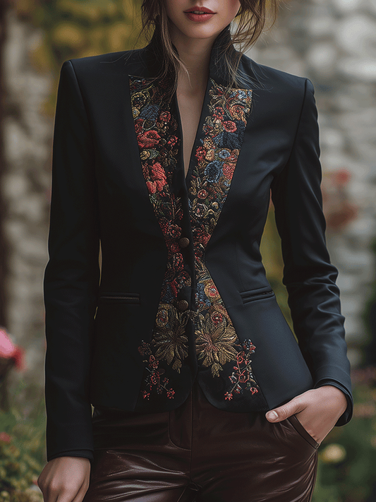 Elegant Lapel Black Floral Embroidered Blazer