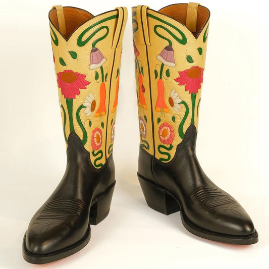 Embroidered Pointed Toe Black & Yellow Cowgirl Booties for Women