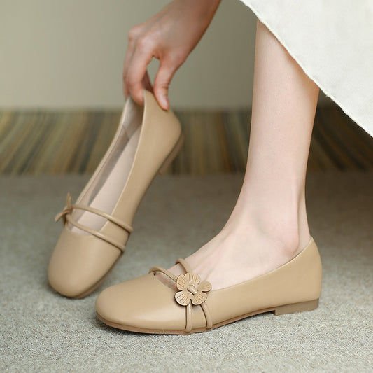 Beige Vegan Leather Round Toe Flat Formal Pumps