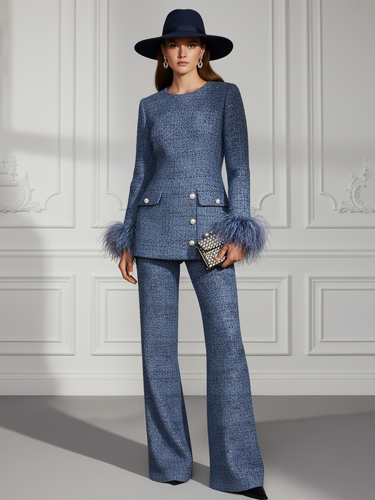 Elegant Retro Round Neck Long Sleeve Tweed Top + Pants Set