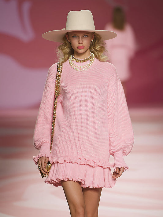 Elegant And Romantic Pink Knitted Mini Dress With Ruffled Hem
