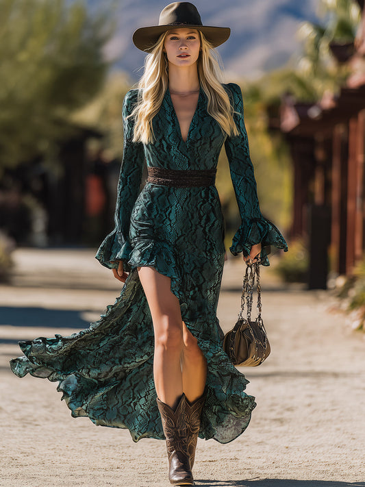 Elegant And Fashionable Snake Pattern Print Irregular Skirt Chiffon Maxi Dress