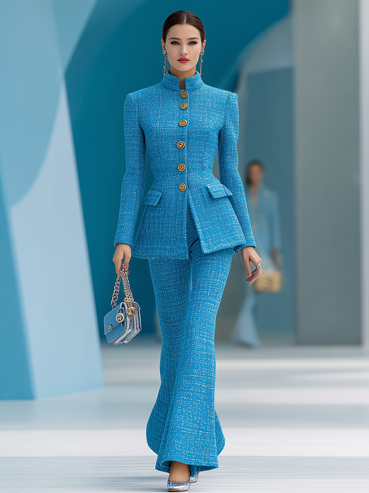 Elegant Stand-collar Tweed Jacket And Flared Pants Set