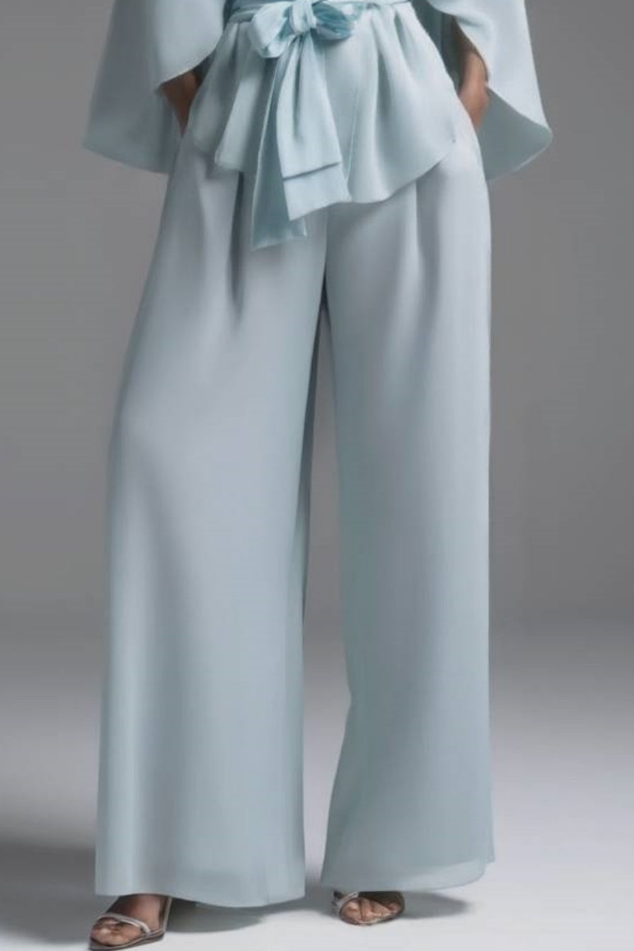 Evening Pant Set Blue Long Sleeve Wrap-Tie Two-Piece Wide-Leg