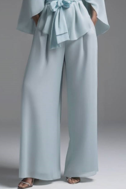 Evening Pant Set Blue Long Sleeve Wrap-Tie Two-Piece Wide-Leg