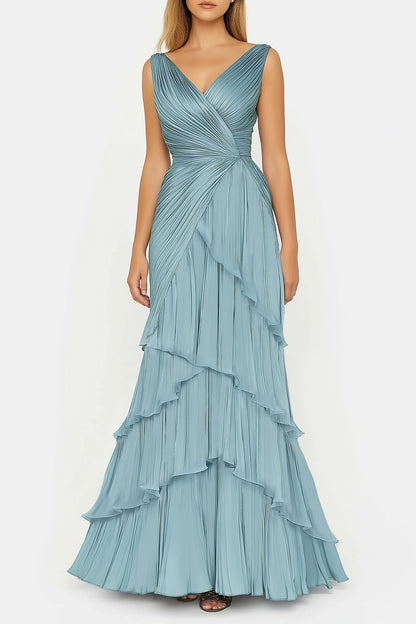 Formal Tiered Layer Dress Blue Sleeveless Pleated V-Neck Floor-Length Gown