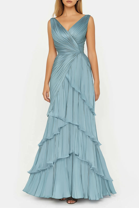 Formal Tiered Layer Dress Blue Sleeveless Pleated V-Neck Floor-Length Gown