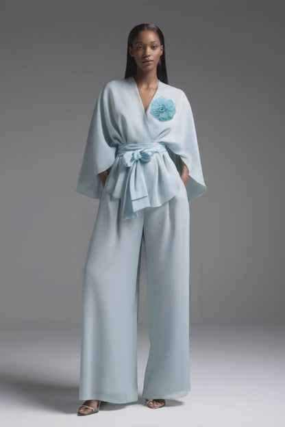 Evening Pant Set Blue Long Sleeve Wrap-Tie Two-Piece Wide-Leg