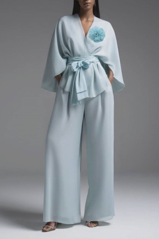 Evening Pant Set Blue Long Sleeve Wrap-Tie Two-Piece Wide-Leg