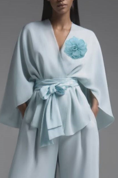 Evening Pant Set Blue Long Sleeve Wrap-Tie Two-Piece Wide-Leg