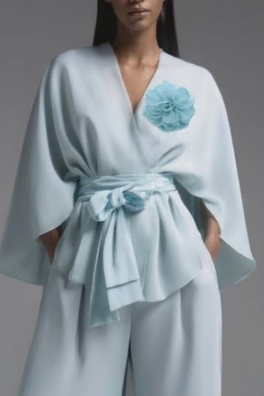Evening Pant Set Blue Long Sleeve Wrap-Tie Two-Piece Wide-Leg