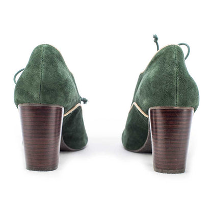 Dark Green Faux Suede Round Toe Chunky Heel Lace-Up Oxford Shoes