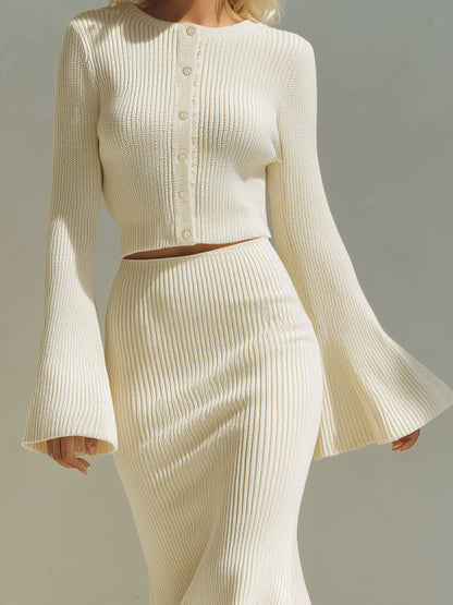 Elegant And Exquisite Beige Round Neck Knitted Cardigan Fishtail Skirt Set