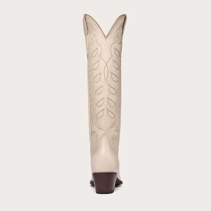 Beige Pointed Toe Block Heel Wide Calf Knee High Cowgirl Boots