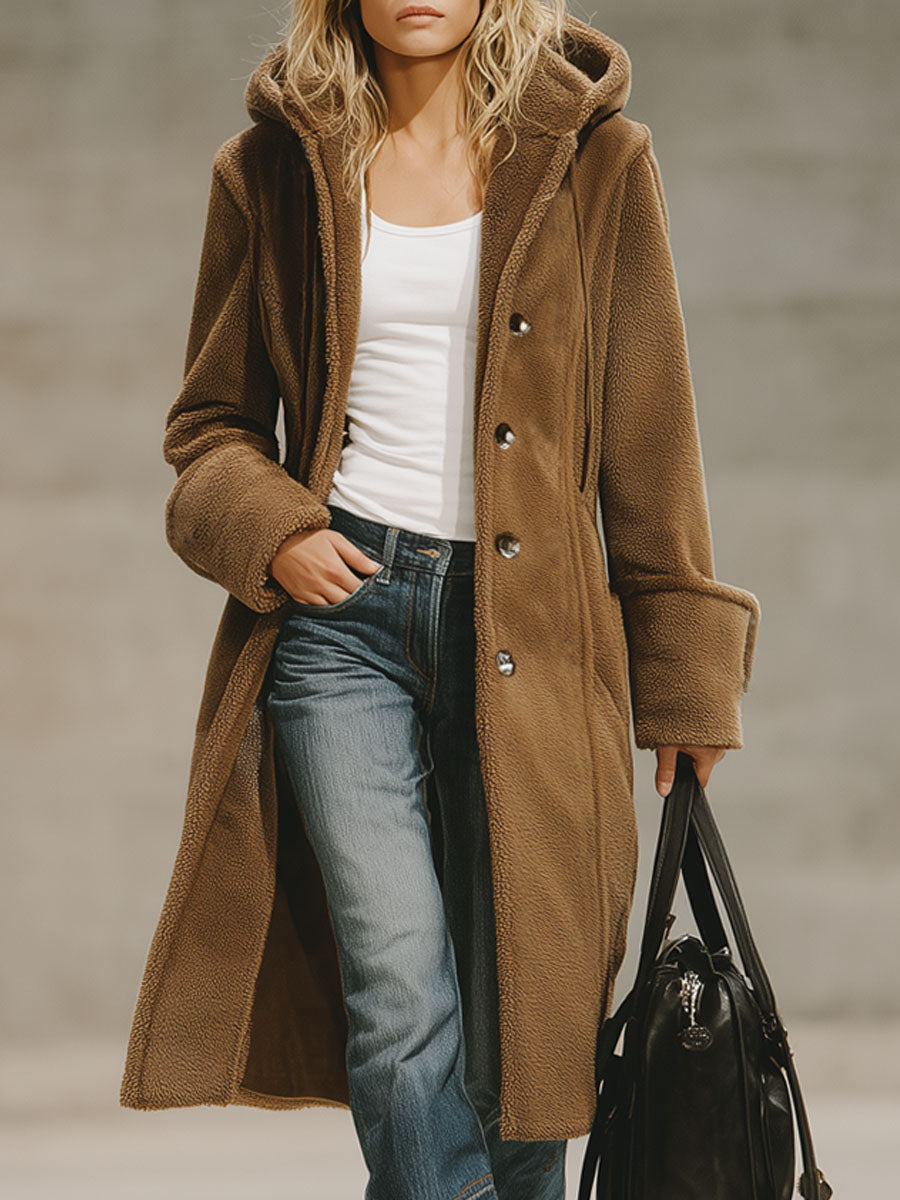 Double-pocket Single-breasted Polar Fleece Hooded Coat