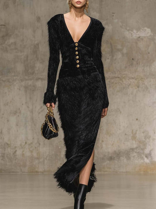 Elegant And Exquisite Retro V-neck Front Metal Buckle Black Velvet Splicing Faux Fur Hem Slit Maxi Dress