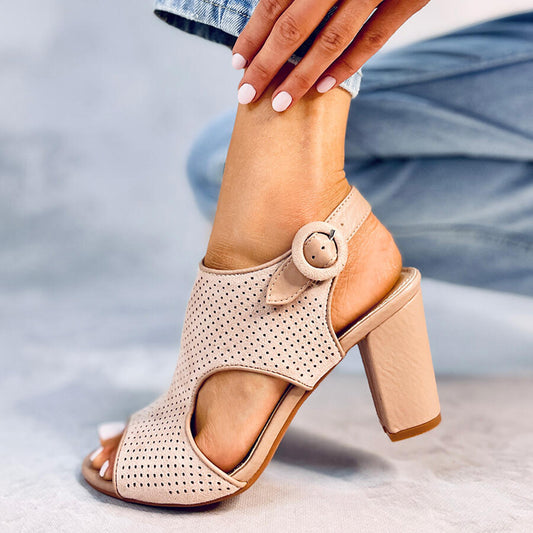 Beige Open Toe Chunky Heel Cut Out Slingback Sandals