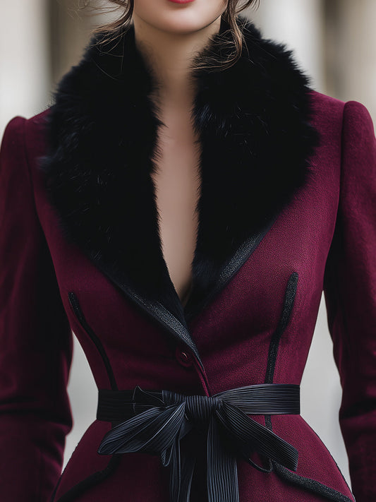 Elegant Burgundy Tailored Coat With Faux Fur Collar & Ribbon Belt
