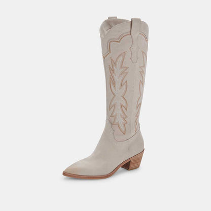 Beige Pointed Toe Chunky Heel Embroidered Knee High Cowgirl Boots